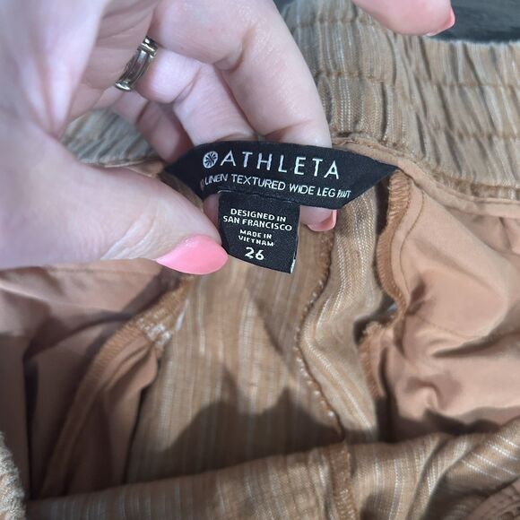 Athleta Womens Pants 26 Linen Textured Wide Leg Brown Pockets Beach Coastal - Picture 8 of 14